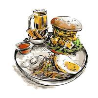 Drawing of a set big burger with beef and a glass of beer. vector