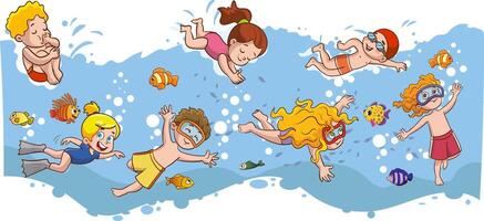 Children in aqua park swimming pool having fun.Summer Outdoor Activity Concept Cartoon Illustration vector