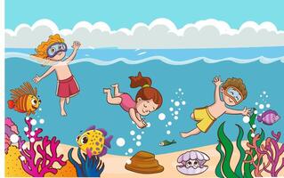 niños tener divertido buceo debajo agua. gracioso dibujos animados personaje. ilustración..lindo niños buceo en el mar. dibujos animados niños bucear en el océano. vector