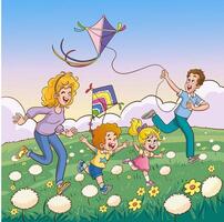 illustration of happy family flying a kite in the park. vector