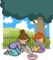 little kids playing together with cute pets vector