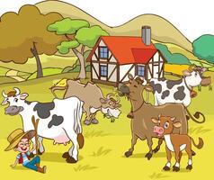 illustration of cute boy shepherding cows.village landscape farm animals. vector