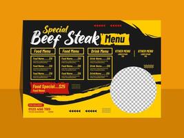 Delicious beef steak Landscape menu template design vector