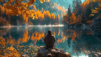 Person Sitting on Rock Looking at Lake photo