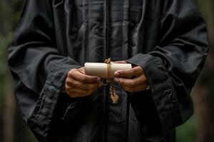 Man in Graduation Gown Holding Rolled Paper photo