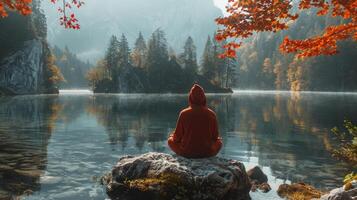Person Sitting on Rock Overlooking Lake photo