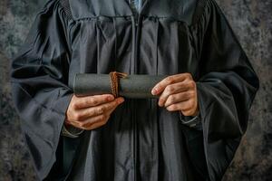 Man in Graduation Gown Holding Rolled Paper photo