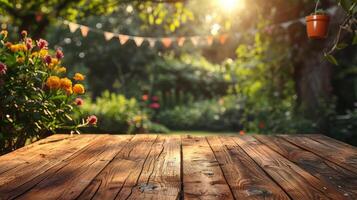 Wooden Table With Flowers and Bunting in Background photo