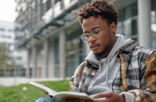 Man Sitting in Grass Reading Book photo
