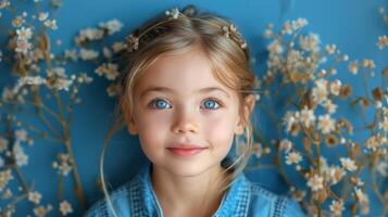 pequeño niña con azul ojos y azul camisa foto