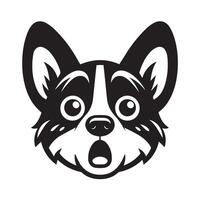 A Surprised Welsh Corgi Dog face Illustration in black and white vector