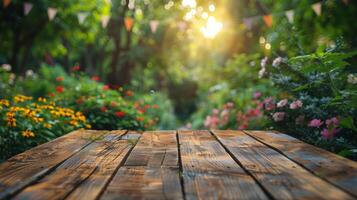 Wooden Table With Flowers and Bunting in Background photo