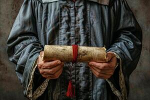 Man in Graduation Gown Holding Diploma photo