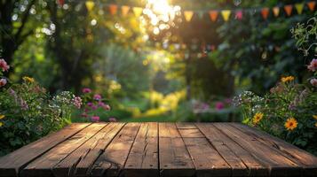 Wooden Table With Flowers and Bunting in Background photo