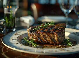 Steak Covered in Sauce and Garnished With Herbs photo