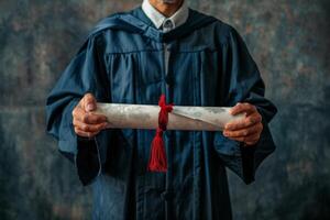 Man in Graduation Gown Holding Diploma photo