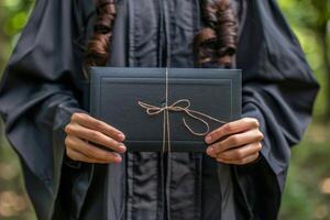 graduación vestido poseedor con diploma foto