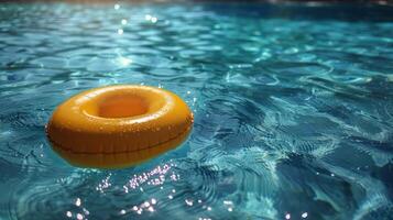 un amarillo caucho anillo flotadores en un piscina de agua foto