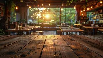 A restaurant with wooden tables and chairs, and a view of the outside photo