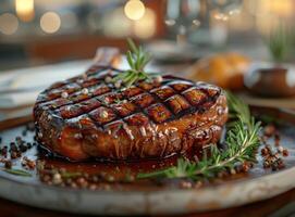 Steak Covered in Sauce and Garnished With Herbs photo