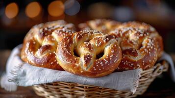 cesta lleno con pretzels en un mesa foto