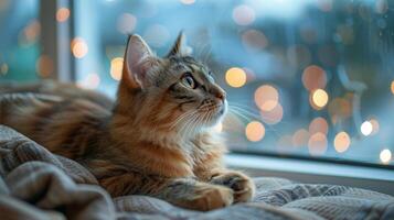 Cat Resting on Bed by Window photo