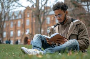Man Sitting on Grass Reading Book photo