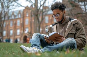 hombre sentado en césped leyendo libro foto