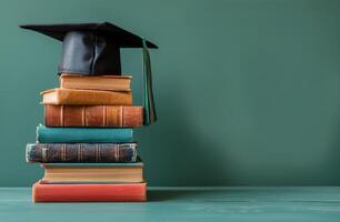 apilar de libros con graduación gorra foto