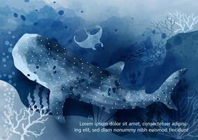 ballena tiburón con el escena de debajo Oceano coral arrecife zona en acuarela estilo en azul antecedentes. tarjeta y póster de Oceano en azul monótono acuarela estilo vector