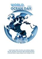 Poster campaign of world ocean day and scene of under the sea and ocean in a global shape with layers paper cut style vector