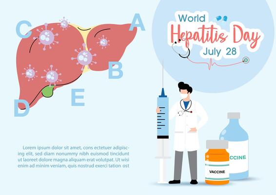 Concept of hepatitis A, B, C, D, and world hepatitis day campaign's poster with doctors treat the liver in flat style and banner design.
