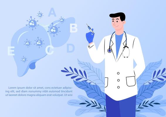 Concept of hepatitis A, B, C, D, and world hepatitis day campaign's poster with doctors treat the liver in flat style