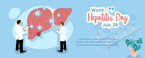 Concept of hepatitis A, B, C, D, and world hepatitis day campaign's poster with doctors treat the liver in flat style and banner design. vector