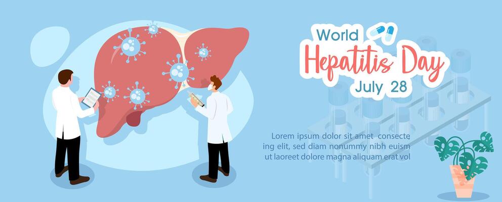 Concept of hepatitis A, B, C, D, and world hepatitis day campaign's poster with doctors treat the liver in flat style and banner design.