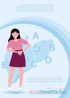 Sick woman suffering from pain in cartoon character with wording of hepatitis day and example texts on blue background. World hepatitis day's poster campaign in flat style vector
