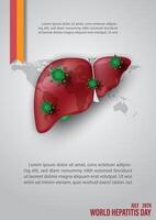 humano hígado con símbolos de virus, un Campaña cinta, fraseología de mundo hepatitis día y ejemplo textos en mundo mapa y gris antecedentes. vector