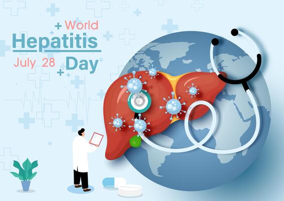 Concept of hepatitis A, B, C, D, and world hepatitis day campaign's poster with doctors treat the liver in flat style and banner design.