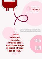 Blood bag with slogan of world blood donor day in a droplet shape and example texts on pink circle pattern and white background. Poster's campaign of world blood donor day vector
