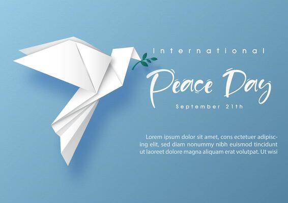 Peace dove in origami paper cut style on global with wording of the Peace Day, example texts on blue paper pattern background.