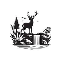 A Deer Near Waterfall Illustration in black and white vector