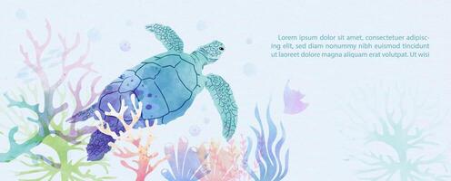 Scene of under the sea and ocean in multicolor watercolors style with sea animal and example texts on light blue background. vector