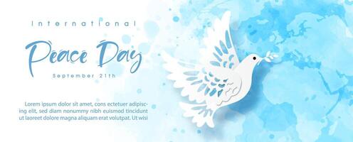 White pigeon flying in paper cut style with the day and name of event lettering on global and blue watercolor background. Poster's concept of Peace day campaign vector
