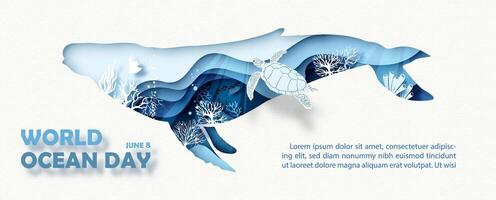Poster campaign of world ocean day and scene of under the sea and ocean in a whale shape with layers paper cut style vector