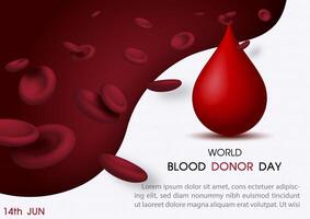 Red blood cells in 3d render style with giant blood droplet and wording of event, example texts. Poster's campaign of world blood donor day vector