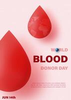 Blood droplets with the day, name of event and example texts on pink background. Poster's campaign of world blood donor day vector
