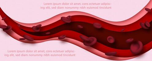 Red blood cells in 3d style with abstract layers shape in paper cut style, example texts on red background. vector