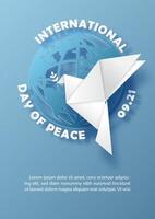 Peace dove in origami paper cut style on global with wording of the Peace day on blue paper pattern background. vector