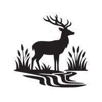 A Deer by Stream Illustration in black and white vector