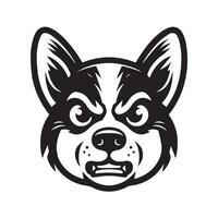 An Angry Welsh Corgi Dog face Illustration in black and white vector